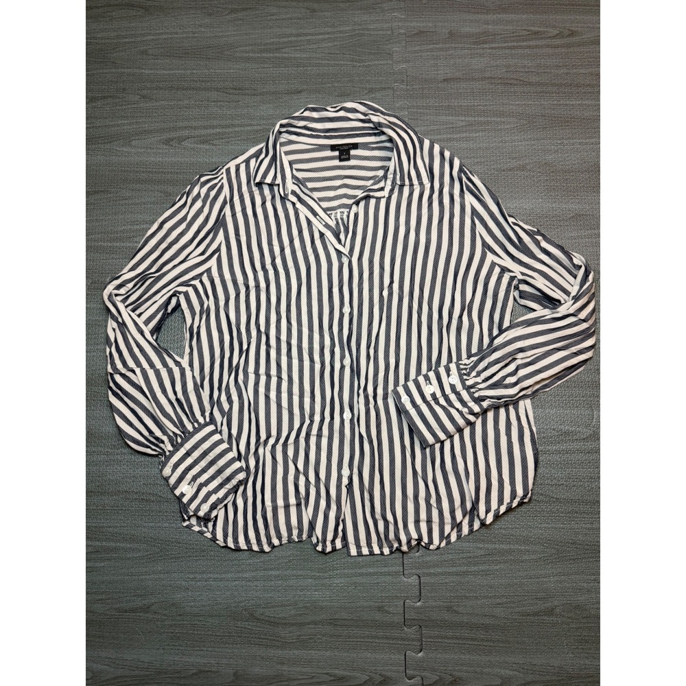 Ann Taylor Factory Navy White Striped Rayon Button Down Blouse Small